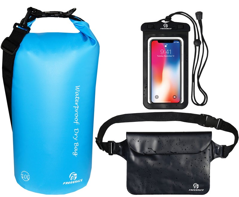 Freegrace Waterproof Dry Bags Set of 3 Dry Bag with 2 Zip Lock Seals & Detachable Shoulder Strap, Waist Pouch & Phone Case - Can Be Submerged Into Water - for Swimming (Sky Blue, 10L) - Image 1